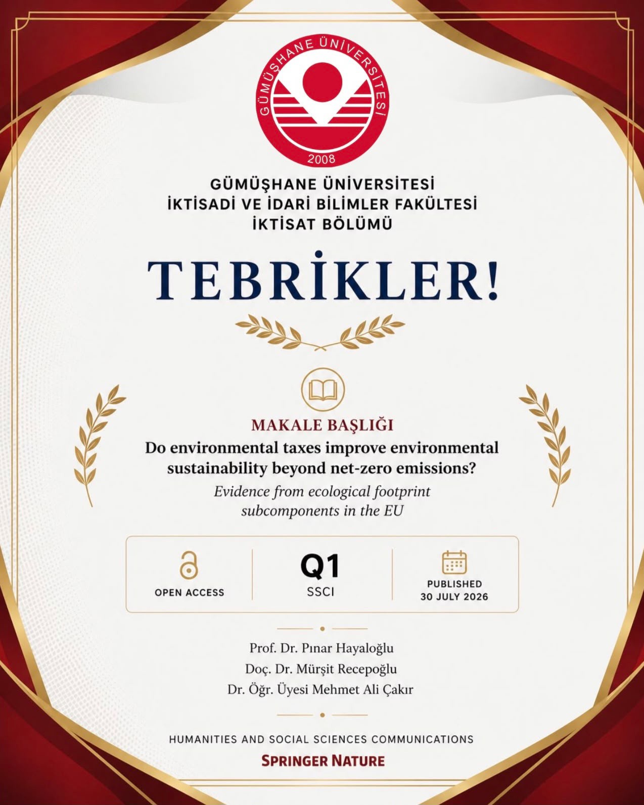 Öğretim Üyelerimizden Yayın Başarısı