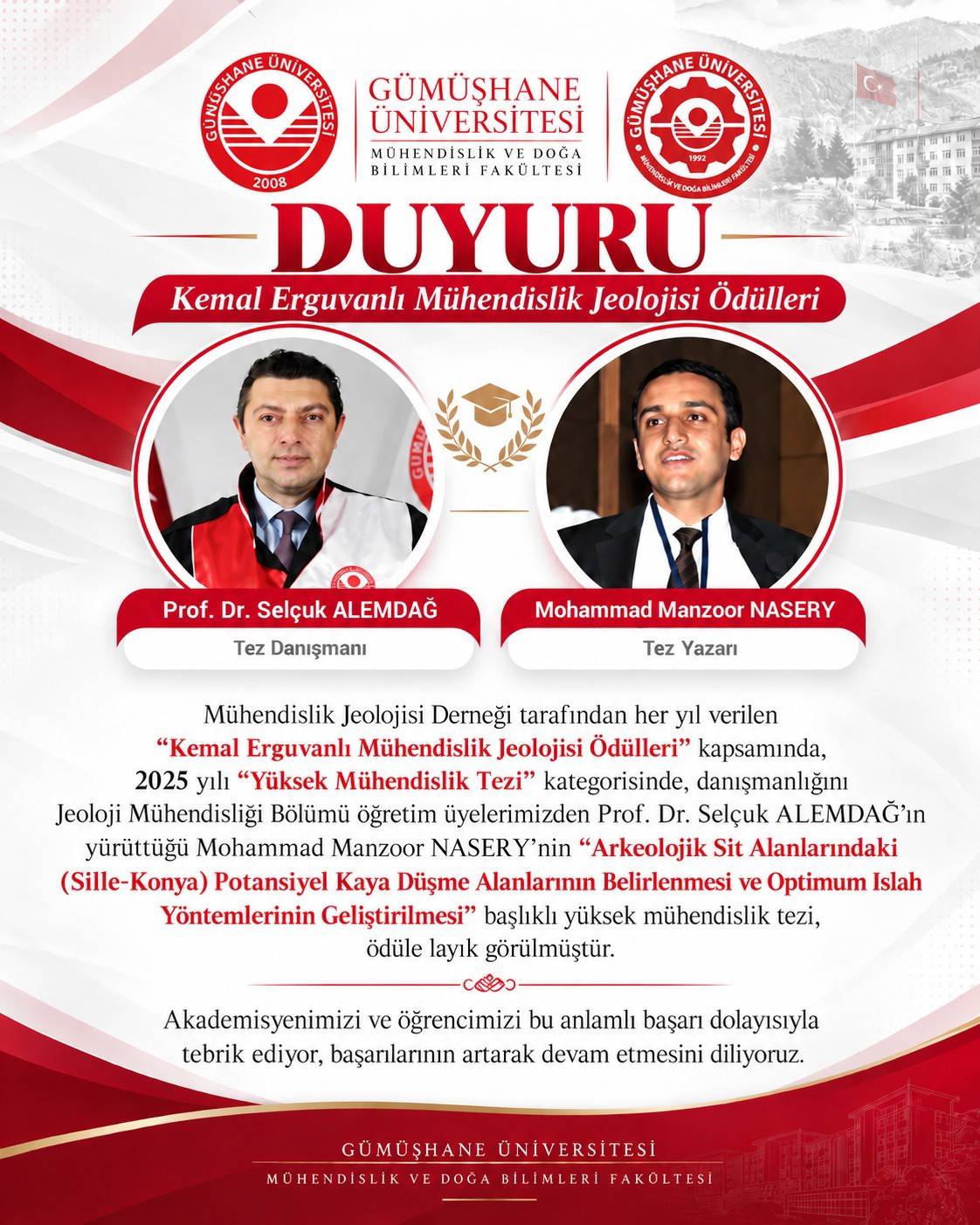 Akademisyenimiz ve Öğrencimize Kemal Erguvanlı Mühendislik Jeolojisi Ödülü