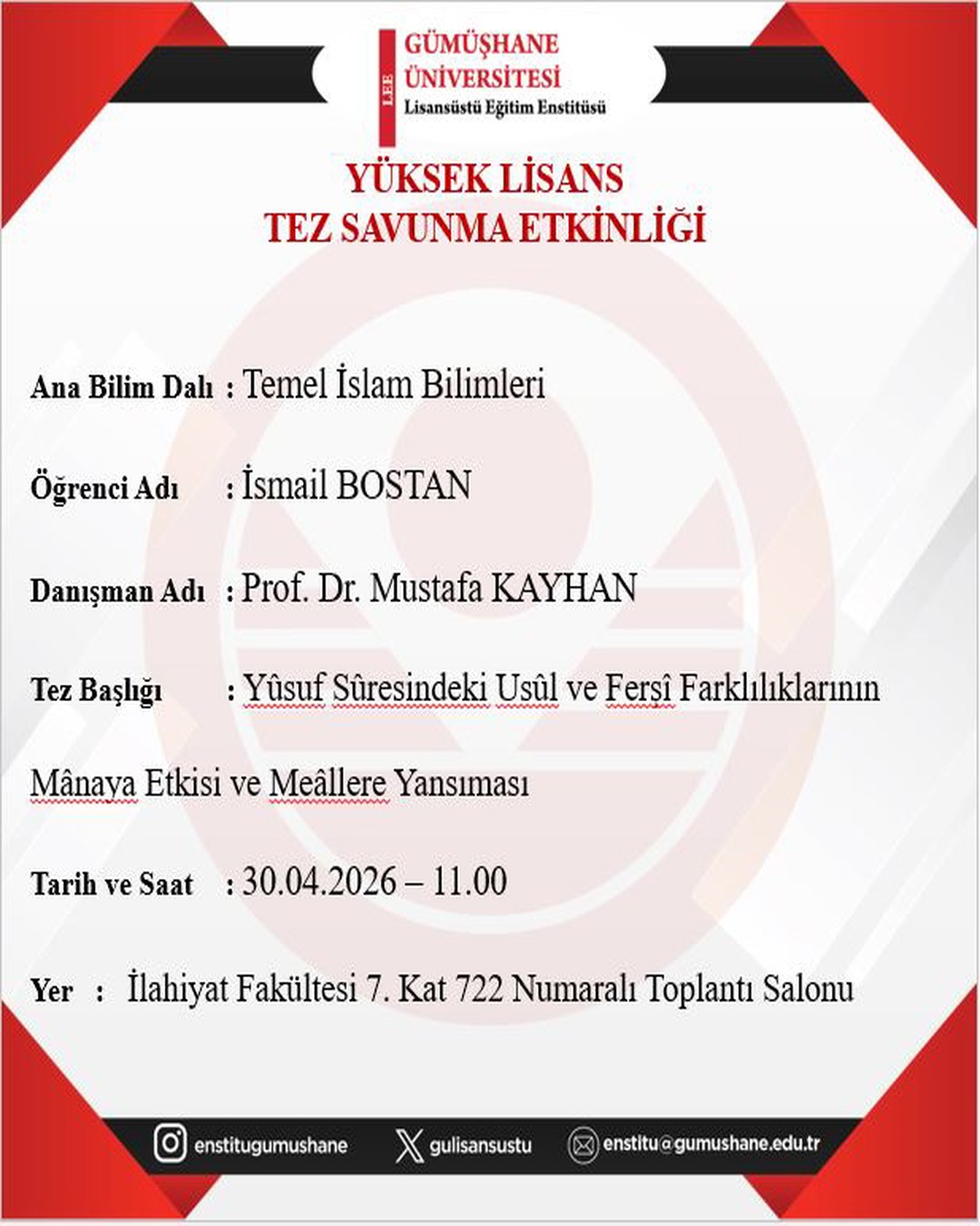 Yüksek Lisans Tez Savunma Sınavı Duyurusu - İsmail BOSTAN