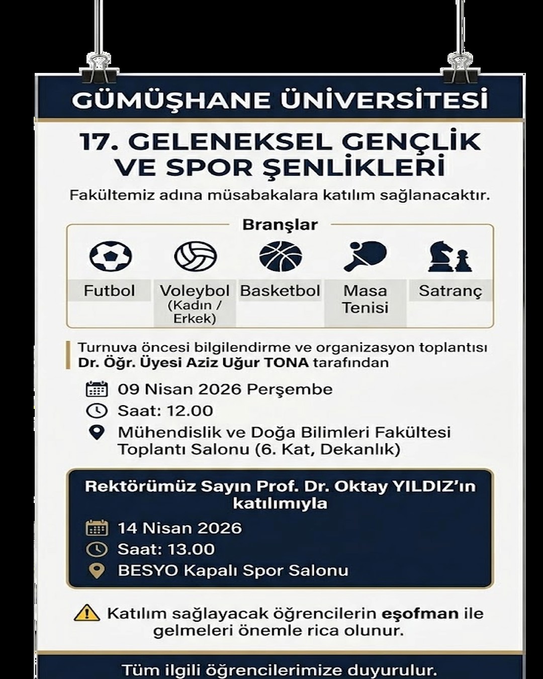 Gümüşhane Üniversitesi 17. Gençlik ve Spor Şenlikleri Kapsamında Branşlararası Katılım ve Bilgilendirme Toplantıları Duyurusu